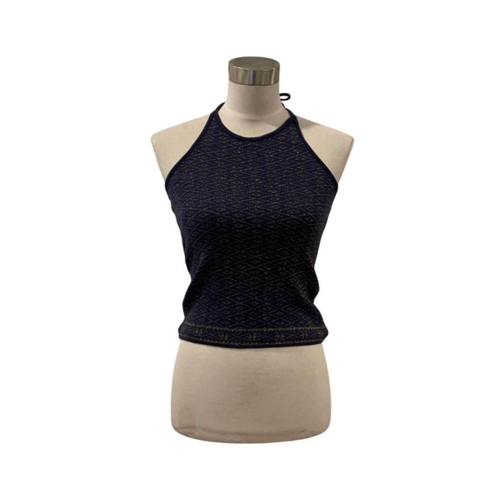 pristine Esprit navy blue gold metallic knit halter top M